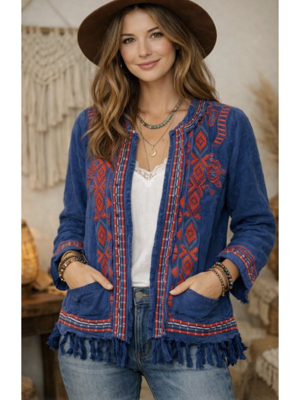 JOHNNY WAS BIYA Yatzil Fringed Embroidered Open Front Jacket Small Boho Festival